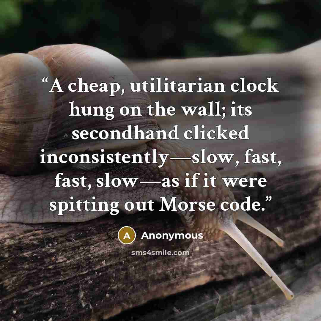 “A cheap, utilitarian clock hung on the wall; its secondhand clicked inconsistently—slow, fast, fast, slow—as if it were spitting out Morse code.” quote by Anonymous