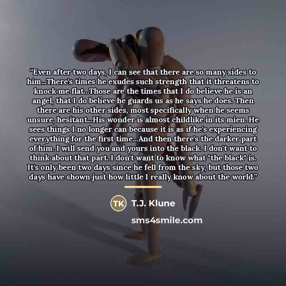 “Even after two days, I can see that there are so many sides to him...There's times he exudes such strength that it threatens to knock me flat...Those are the times that I do believe he is an angel, that I do believe he guards us as he says he does. Then there are his other sides, most specifically…” quote by T.J. Klune