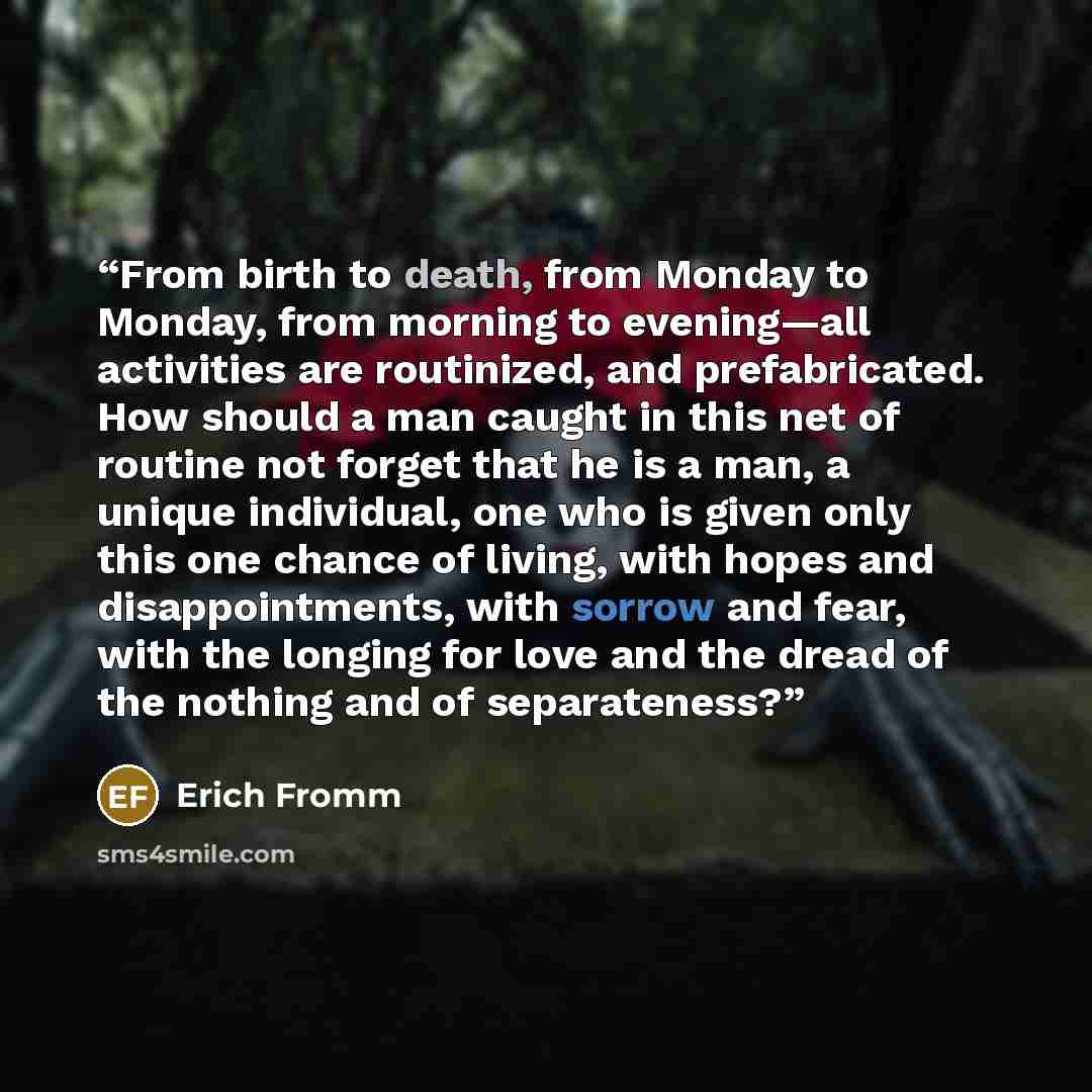“From birth to death, from Monday to Monday, from morning to evening—all activities are routinized, and prefabricated. How should a man caught in this net of routine not forget that he is a man, a unique individual, one who is given only this one chance of living, with hopes and disappointments…” quote by Erich Fromm