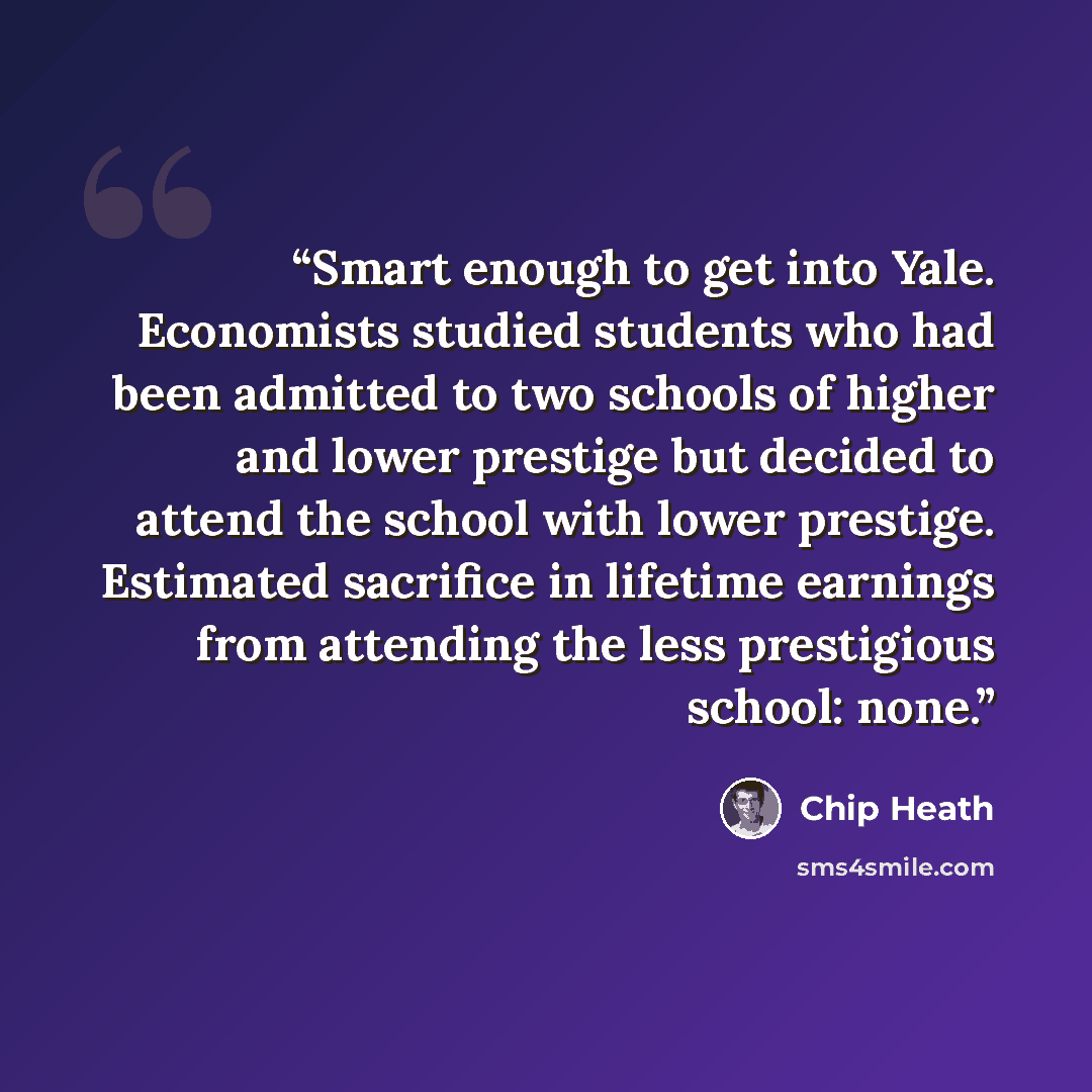 “Smart enough to get into Yale. Economists studied students who had been admitted to two schools of higher and lower prestige but decided to attend the school with lower prestige. Estimated sacrifice in lifetime earnings from attending the less prestigious school: none.” quote by Chip Heath