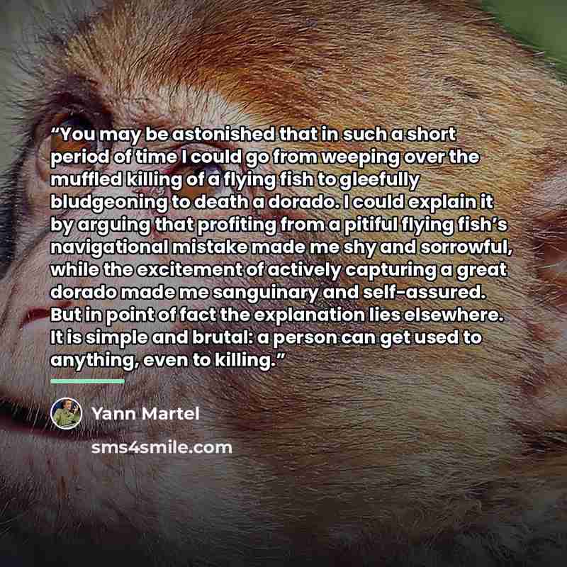 “You may be astonished that in such a short period of time I could go from weeping over the muffled killing of a flying fish to gleefully bludgeoning to death a dorado. I could explain it by arguing that profiting from a pitiful flying fish’s navigational mistake made me shy and sorrowful, while…” quote by Yann Martel