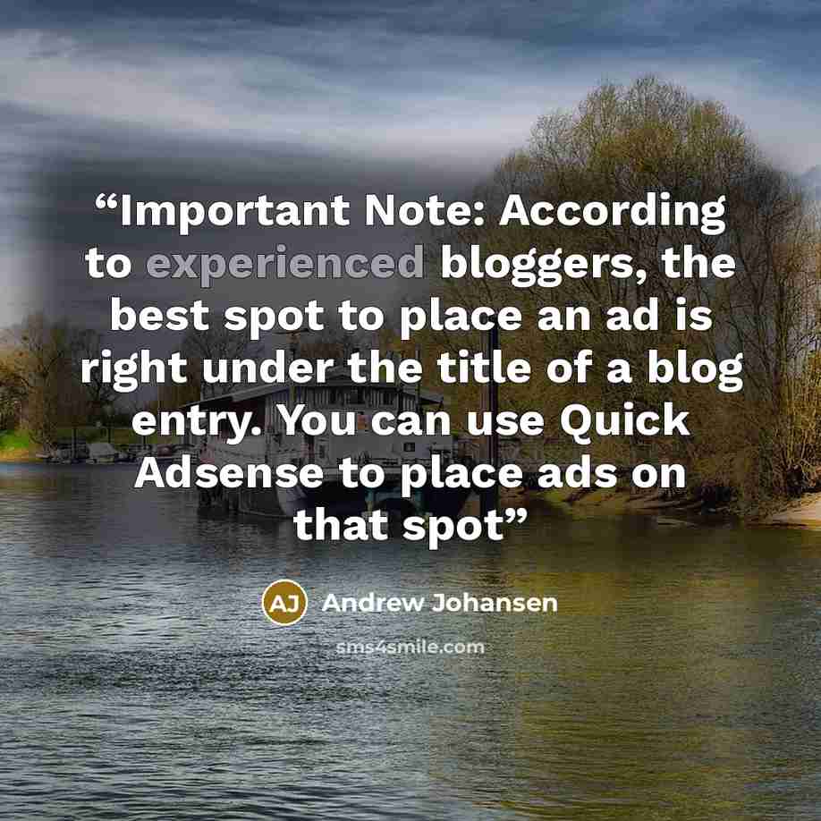 “Important Note: According to experienced bloggers, the best spot to place an ad is right under the title of a blog entry. You can use Quick Adsense to place ads on that spot” quote by Andrew Johansen