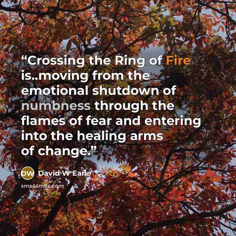 “Crossing the Ring of Fire is..moving from the emotional shutdown of numbness through the flames of fear and entering into the healing arms of change.” quote by David W Earle