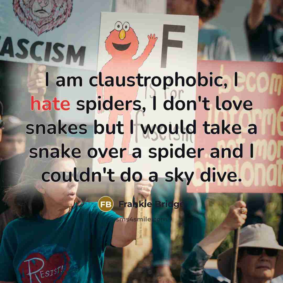 “I am claustrophobic, I hate spiders, I don't love snakes but I would take a snake over a spider and I couldn't do a sky dive.” quote by Frankie Bridge