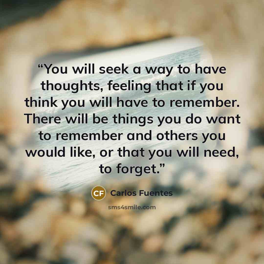 “You will seek a way to have thoughts, feeling that if you think you will have to remember. There will be things you do want to remember and others you would like, or that you will need, to forget.” quote by Carlos Fuentes