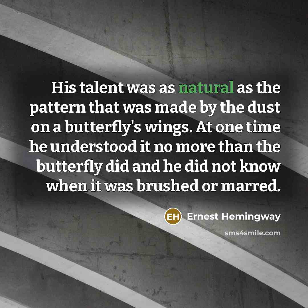 “His talent was as natural as the pattern that was made by the dust on a butterfly's wings. At one time he understood it no more than the butterfly did and he did not know when it was brushed or marred.” quote by Ernest Hemingway