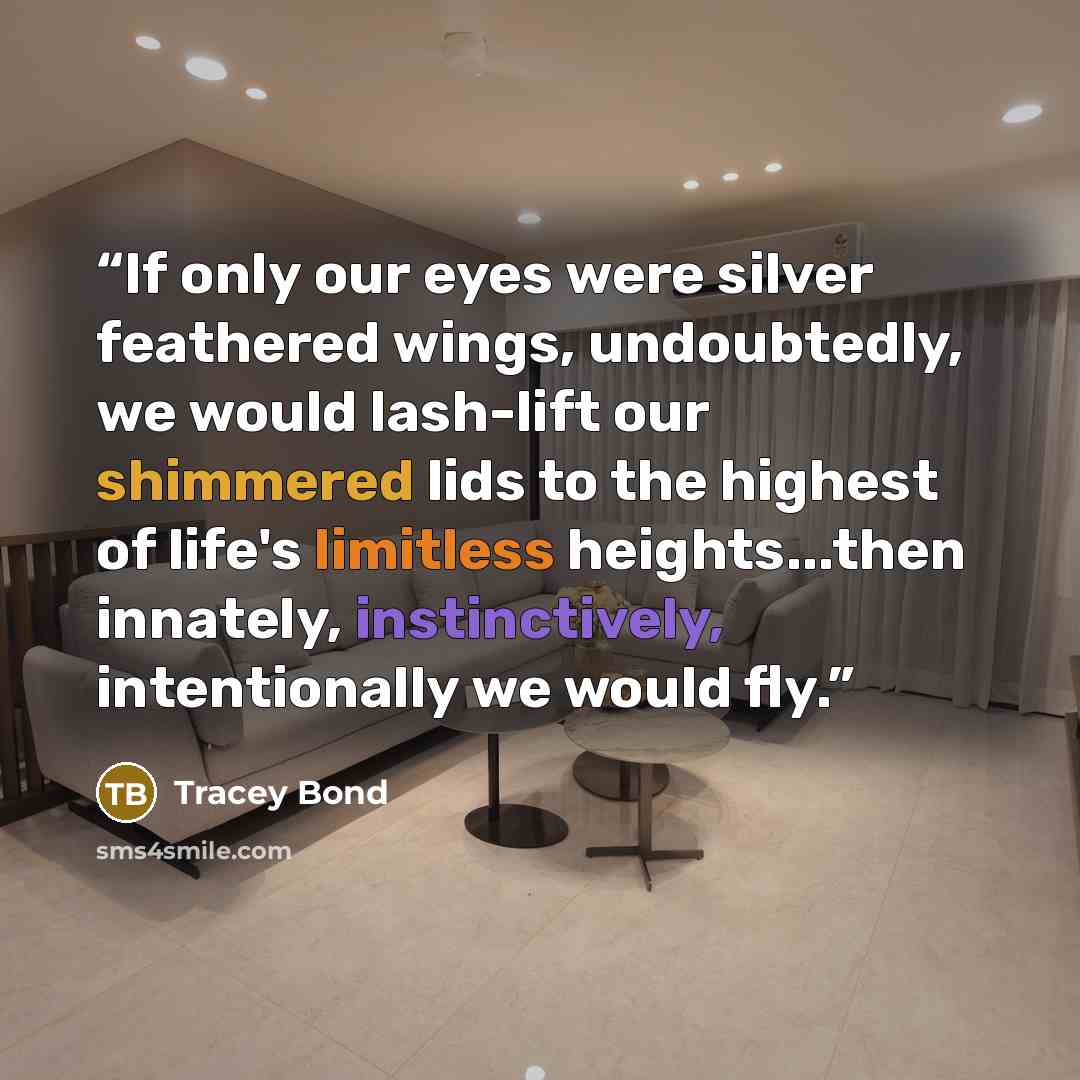 “If only our eyes were silver feathered wings, undoubtedly, we would lash-lift our shimmered lids to the highest of life's limitless heights...then innately, instinctively, intentionally we would fly.” quote by Tracey Bond