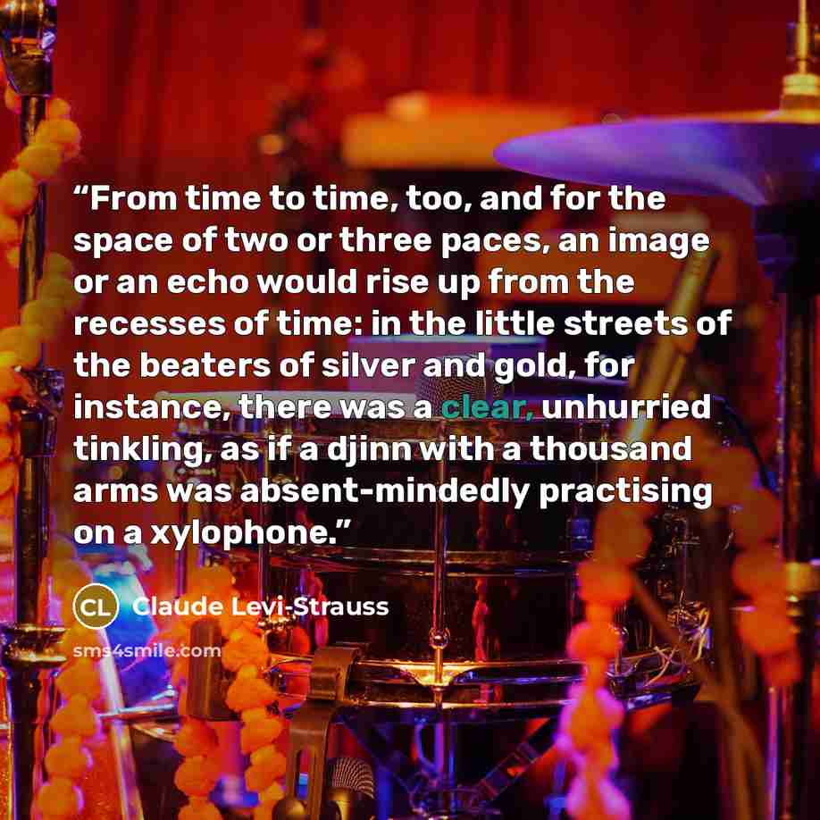 “From time to time, too, and for the space of two or three paces, an image or an echo would rise up from the recesses of time: in the little streets of the beaters of silver and gold, for instance, there was a clear, unhurried tinkling, as if a djinn with a thousand arms was absent-mindedly…” quote by Claude Lévi-Strauss