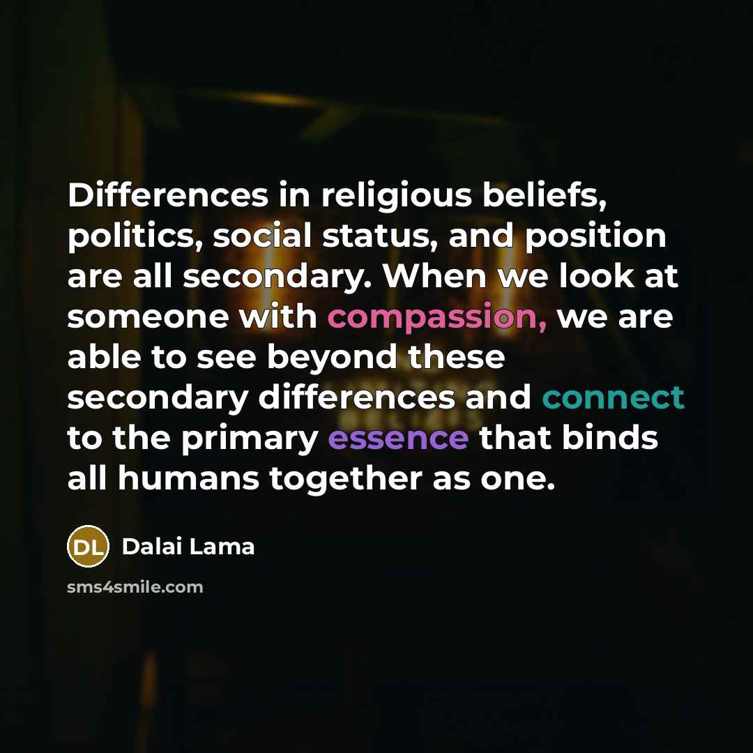 “Differences in religious beliefs, politics, social status, and position are all secondary. When we look at someone with compassion, we are able to see beyond these secondary differences and connect to the primary essence that binds all humans together as one.” quote by Dalai Lama