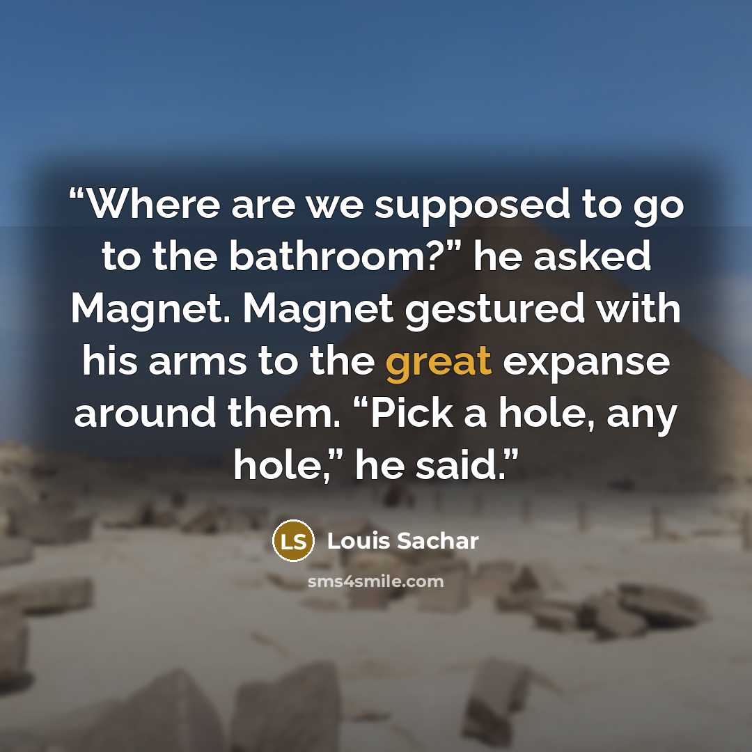 “Where are we supposed to go to the bathroom?” he asked Magnet. Magnet gestured with his arms to the great expanse around them. “Pick a hole, any hole,” he said.” quote by Louis Sachar