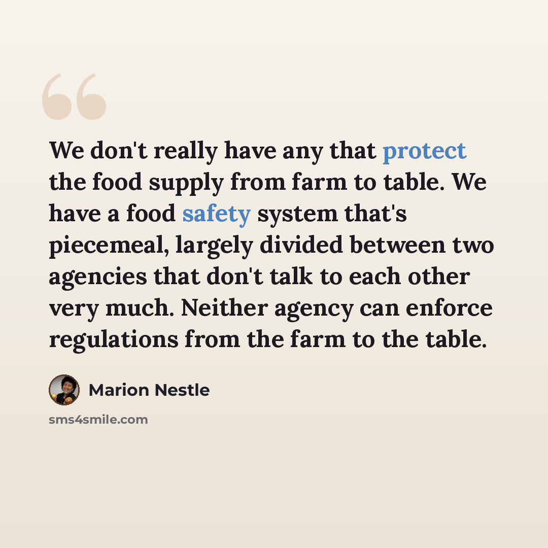 “We don't really have any that protect the food supply from farm to table. We have a food safety system that's piecemeal, largely divided between two agencies that don't talk to each other very much. Neither agency can enforce regulations from the farm to the table.” quote by Marion Nestle