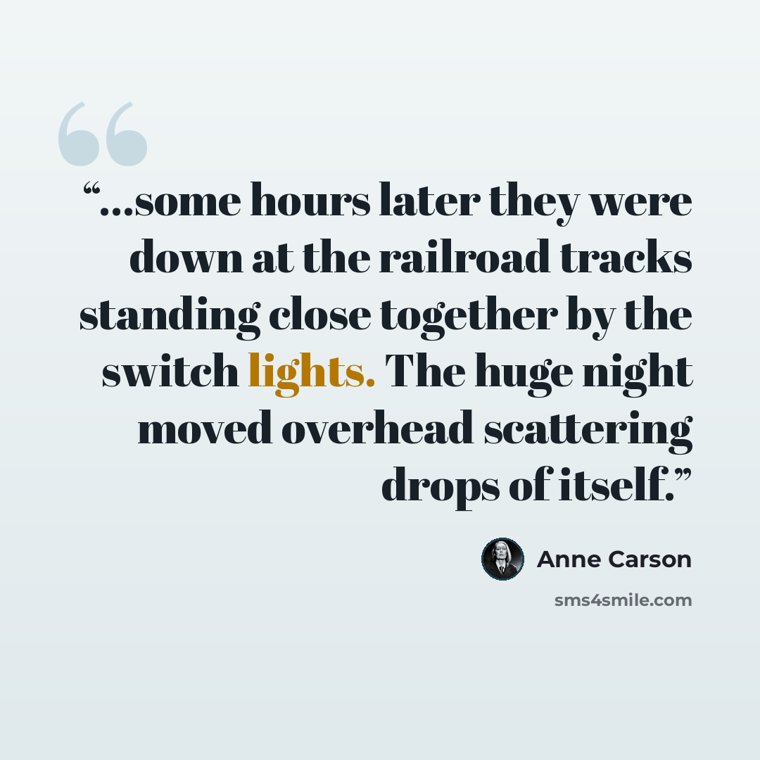 “...some hours later they were down at the railroad tracks standing close together by the switch lights. The huge night moved overhead scattering drops of itself.” quote by Anne Carson