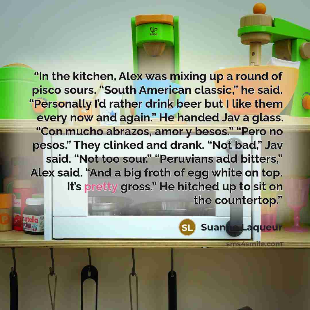 “In the kitchen, Alex was mixing up a round of pisco sours. “South American classic,” he said. “Personally I’d rather drink beer but I like them every now and again.” He handed Jav a glass. “Con mucho abrazos, amor y besos.” “Pero no pesos.” They clinked and drank. “Not bad,” Jav said. “Not too…” quote by Suanne Laqueur