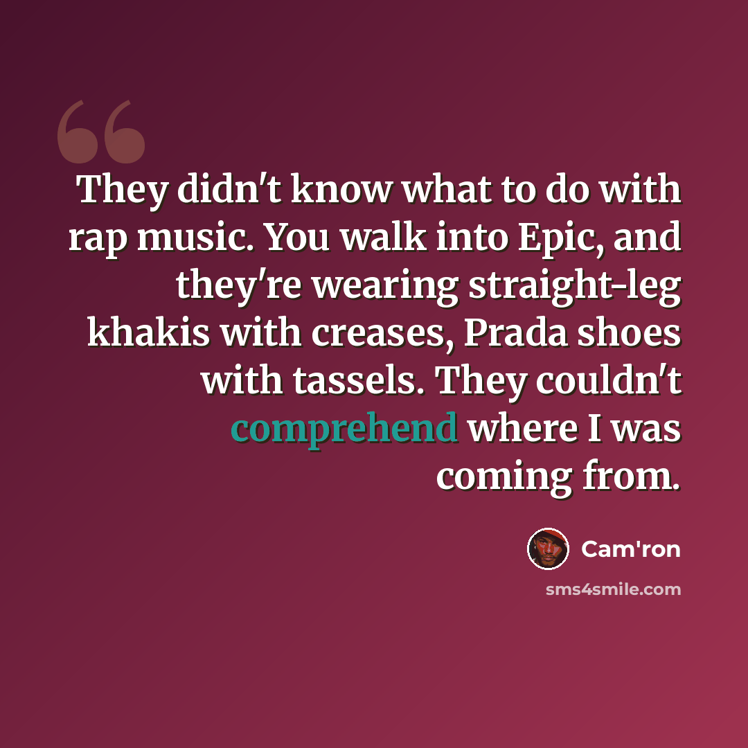 “They didn't know what to do with rap music. You walk into Epic, and they're wearing straight-leg khakis with creases, Prada shoes with tassels. They couldn't comprehend where I was coming from.” quote by Cam'ron