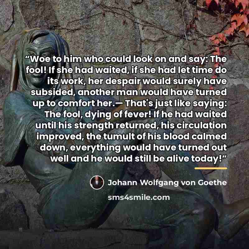 “Woe to him who could look on and say: The fool! If she had waited, if she had let time do its work, her despair would surely have subsided, another man would have turned up to comfort her.— That's just like saying: The fool, dying of fever! If he had waited until his strength returned, his…” quote by Johann Wolfgang von Goethe