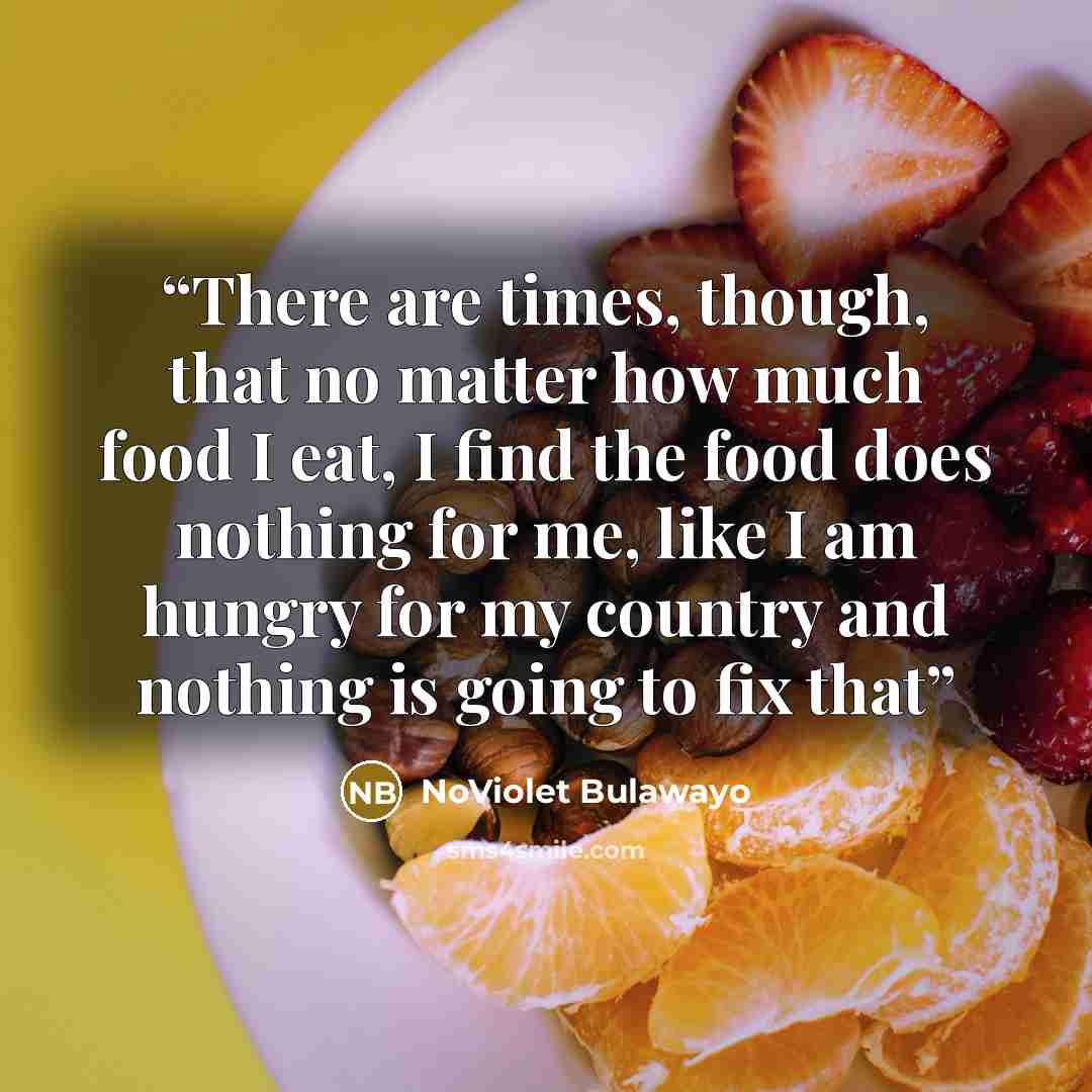 “There are times, though, that no matter how much food I eat, I find the food does nothing for me, like I am hungry for my country and nothing is going to fix that” quote by NoViolet Bulawayo