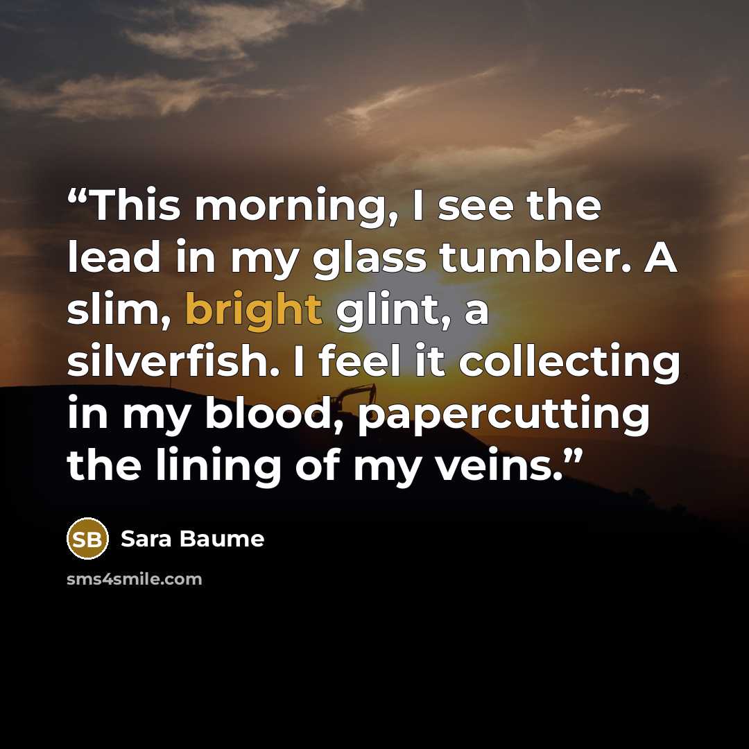 “This morning, I see the lead in my glass tumbler. A slim, bright glint, a silverfish. I feel it collecting in my blood, papercutting the lining of my veins.” quote by Sara Baume