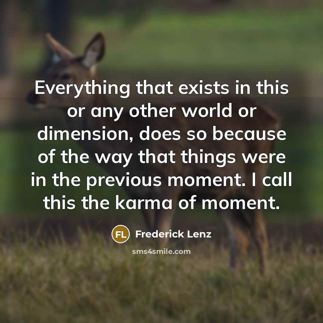 “Everything that exists in this or any other world or dimension, does so because of the way that things were in the previous moment. I call this the karma of moment.” quote by Frederick Lenz