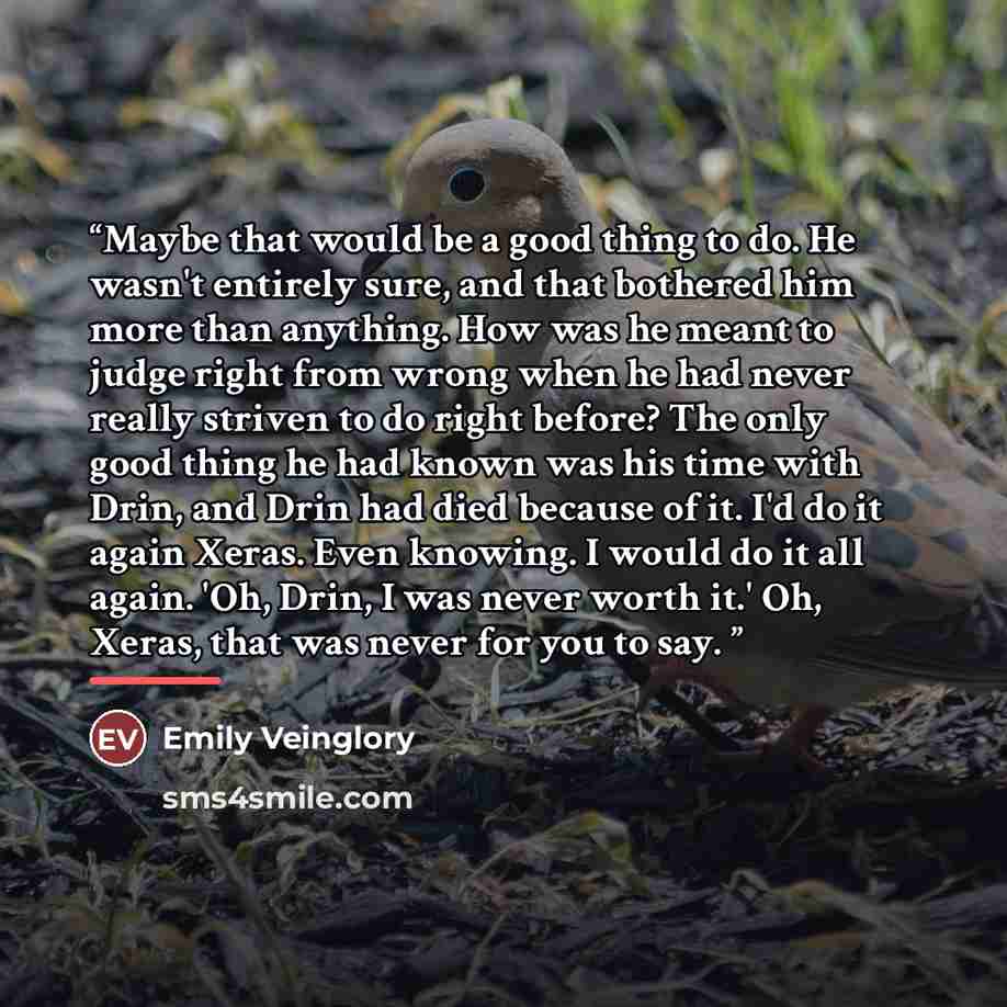 “Maybe that would be a good thing to do. He wasn't entirely sure, and that bothered him more than anything. How was he meant to judge right from wrong when he had never really striven to do right before? The only good thing he had known was his time with Drin, and Drin had died because of it. I'd…” quote by Emily Veinglory