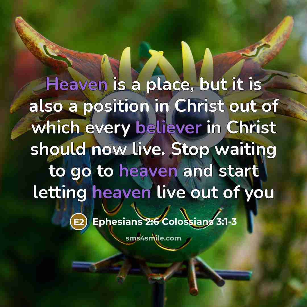 “Heaven is a place, but it is also a position in Christ out of which every believer in Christ should now live. Stop waiting to go to heaven and start letting heaven live out of you” quote by Ephesians 2:6 Colossians 3:1-3
