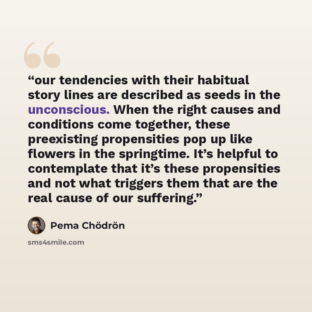 “our tendencies with their habitual story lines are described as seeds in the unconscious. When the right causes and conditions come together, these preexisting propensities pop up like flowers in the springtime. It’s helpful to contemplate that it’s these propensities and not what triggers them…” quote by Pema Chödrön