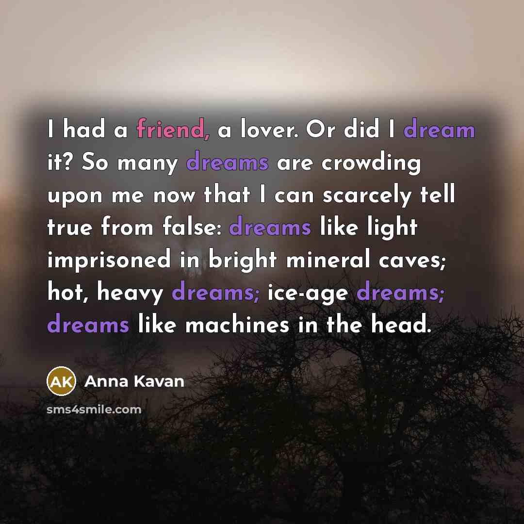 “I had a friend, a lover. Or did I dream it? So many dreams are crowding upon me now that I can scarcely tell true from false: dreams like light imprisoned in bright mineral caves; hot, heavy dreams; ice-age dreams; dreams like machines in the head.” quote by Anna Kavan