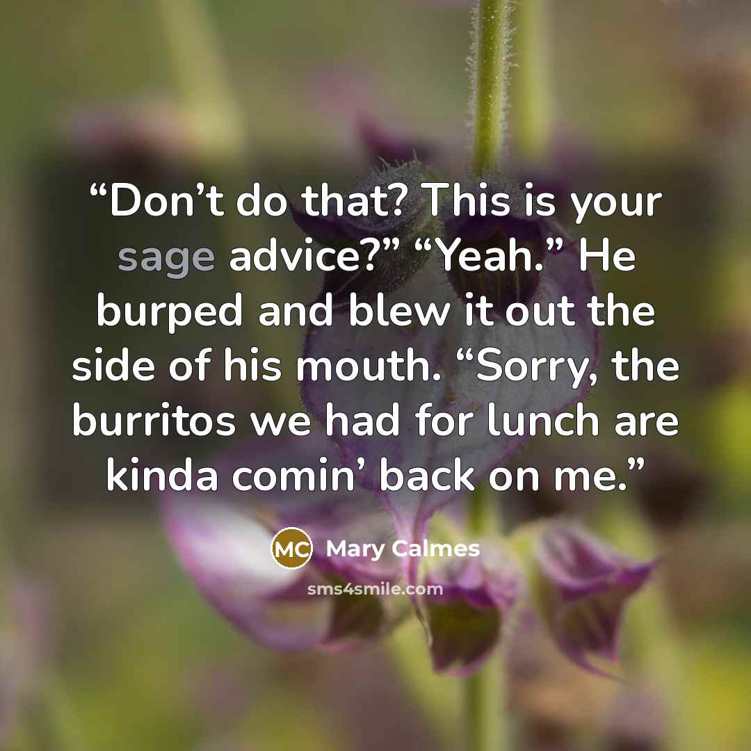 “Don’t do that? This is your sage advice?” “Yeah.” He burped and blew it out the side of his mouth. “Sorry, the burritos we had for lunch are kinda comin’ back on me.” quote by Mary Calmes