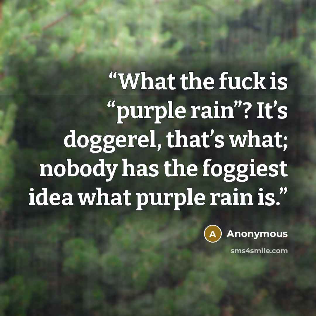 “What the fuck is “purple rain”? It’s doggerel, that’s what; nobody has the foggiest idea what purple rain is.” quote by Anonymous