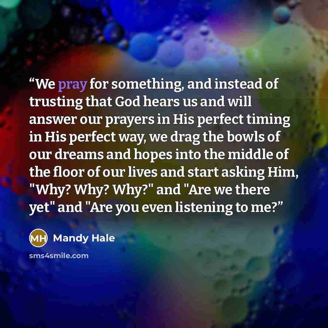 “We pray for something, and instead of trusting that God hears us and will answer our prayers in His perfect timing in His perfect way, we drag the bowls of our dreams and hopes into the middle of the floor of our lives and start asking Him, "Why? Why? Why?" and "Are we there yet" and "Are you even…” quote by Mandy Hale