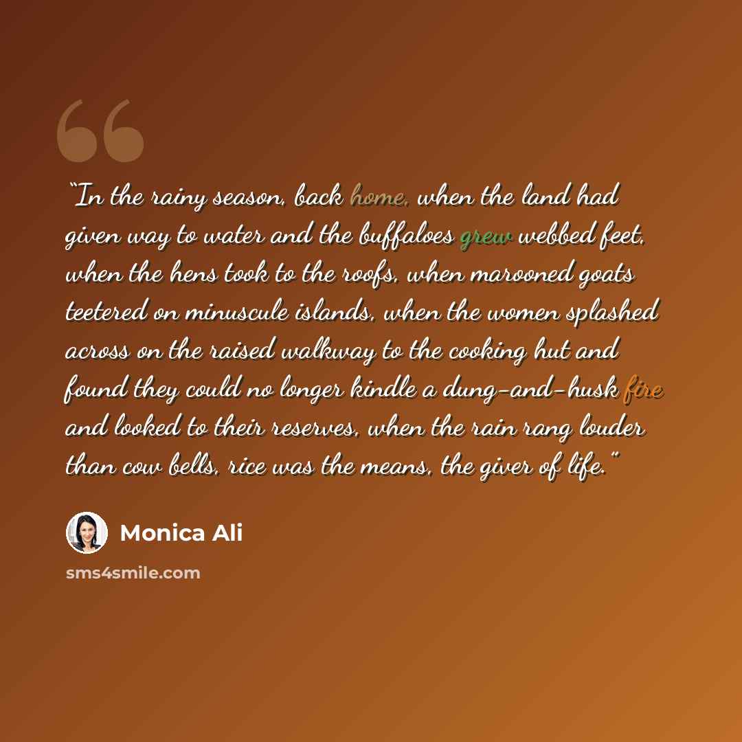 “In the rainy season, back home, when the land had given way to water and the buffaloes grew webbed feet, when the hens took to the roofs, when marooned goats teetered on minuscule islands, when the women splashed across on the raised walkway to the cooking hut and found they could no longer kindle…” quote by Monica Ali