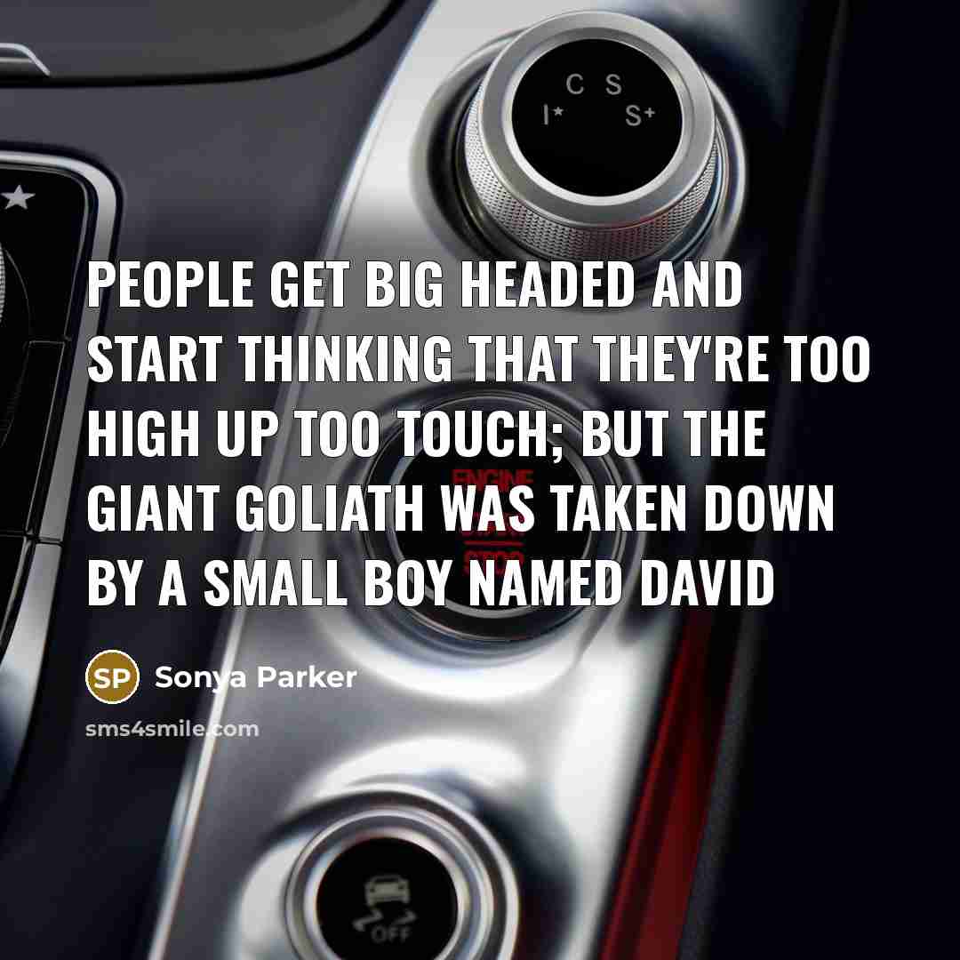 “People get big headed and start thinking that they're too high up too touch; but the giant Goliath was taken down by a small boy named David” quote by Sonya Parker