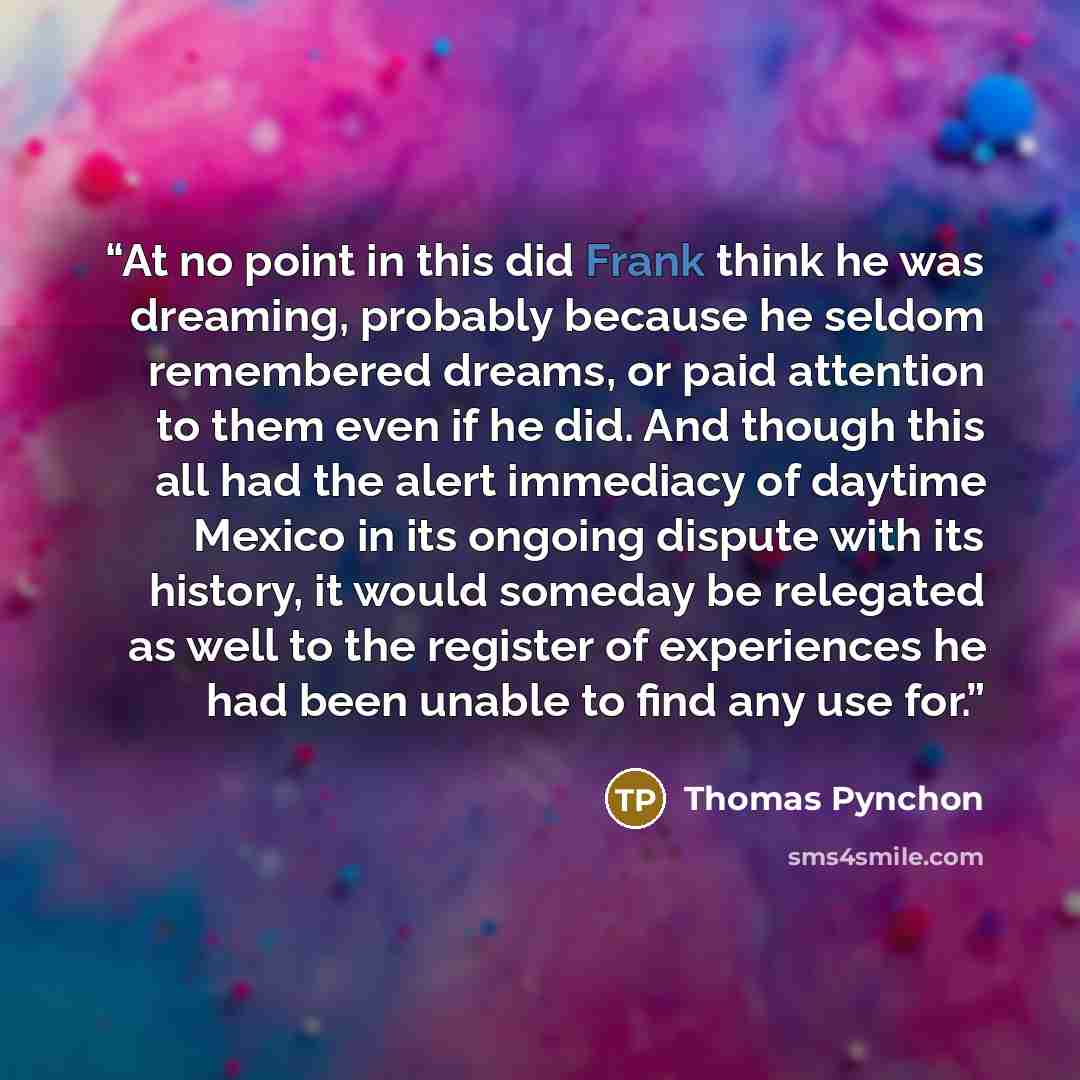 “At no point in this did Frank think he was dreaming, probably because he seldom remembered dreams, or paid attention to them even if he did. And though this all had the alert immediacy of daytime Mexico in its ongoing dispute with its history, it would someday be relegated as well to the register…” quote by Thomas Pynchon