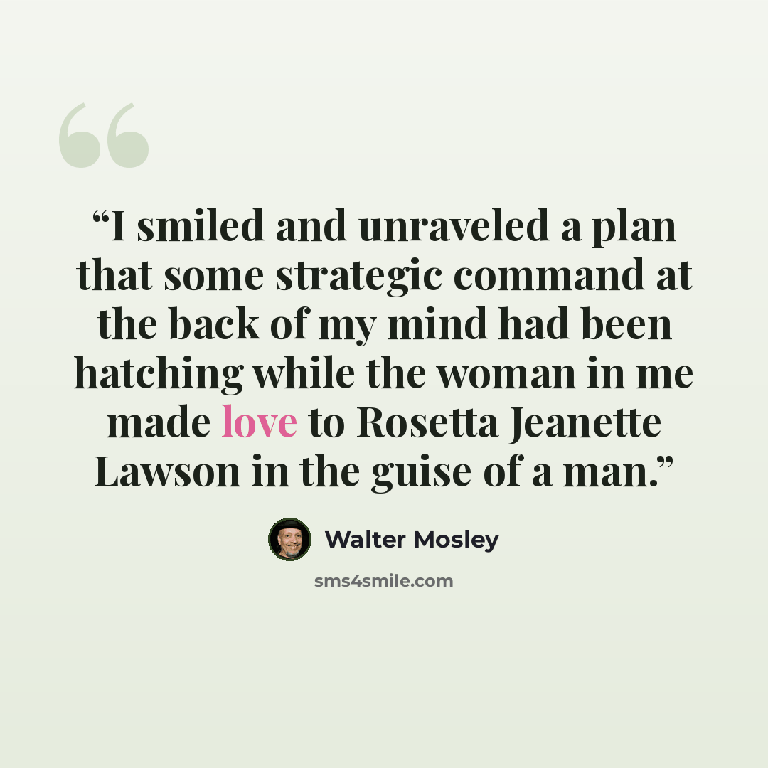 “I smiled and unraveled a plan that some strategic command at the back of my mind had been hatching while the woman in me made love to Rosetta Jeanette Lawson in the guise of a man.” quote by Walter Mosley