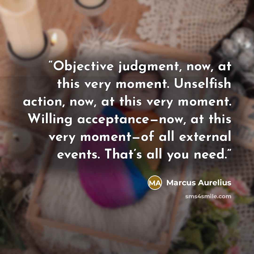“Objective judgment, now, at this very moment. Unselfish action, now, at this very moment. Willing acceptance—now, at this very moment—of all external events. That’s all you need.” quote by Marcus Aurelius