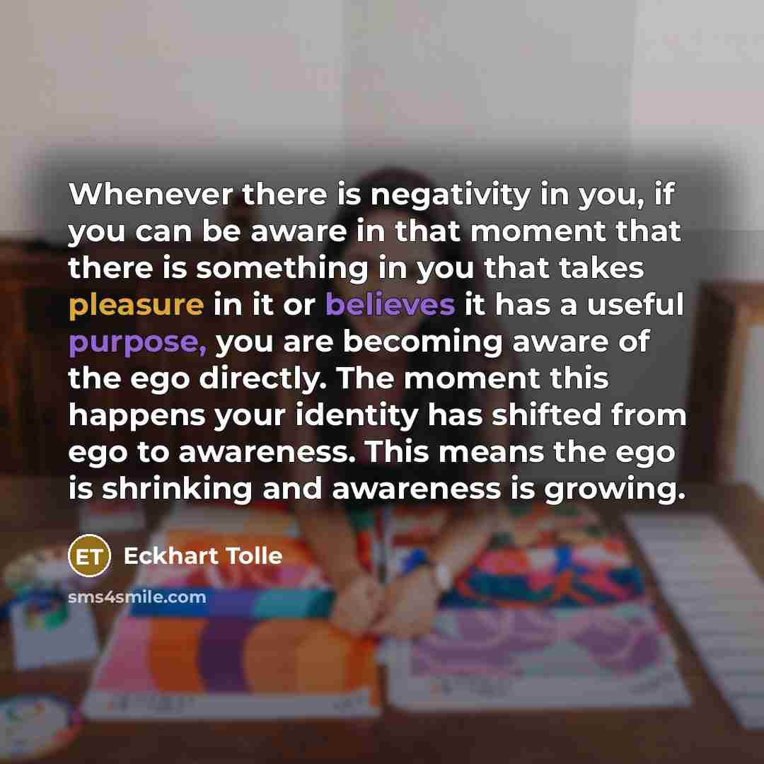 “Whenever there is negativity in you, if you can be aware in that moment that there is something in you that takes pleasure in it or believes it has a useful purpose, you are becoming aware of the ego directly. The moment this happens your identity has shifted from ego to awareness. This means the…” quote by Eckhart Tolle