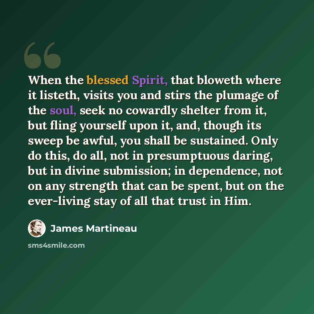 “When the blessed Spirit, that bloweth where it listeth, visits you and stirs the plumage of the soul, seek no cowardly shelter from it, but fling yourself upon it, and, though its sweep be awful, you shall be sustained. Only do this, do all, not in presumptuous daring, but in divine submission; in…” quote by James Martineau