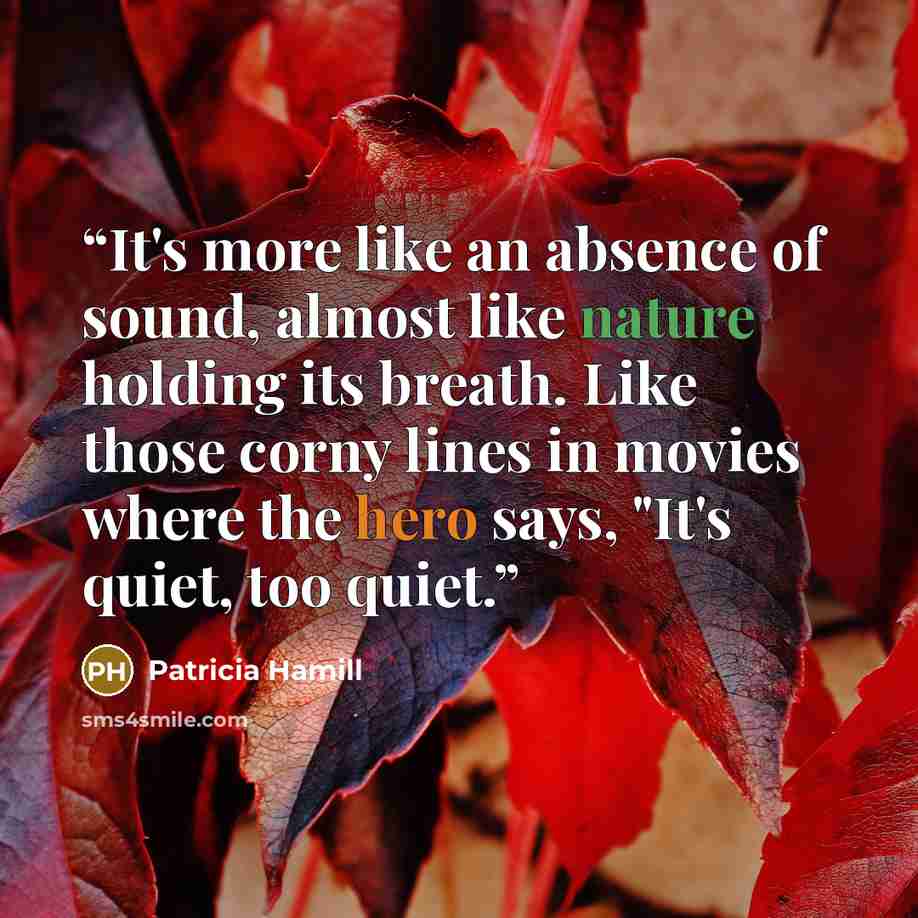 “It's more like an absence of sound, almost like nature holding its breath. Like those corny lines in movies where the hero says, "It's quiet, too quiet.” quote by Patricia Hamill