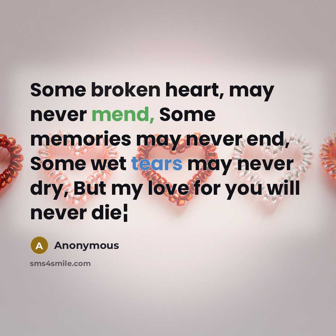 “Some broken heart, may never mend, Some memories may never end, Some wet tears may never dry, But my love for you will never die¦” quote by Anonymous