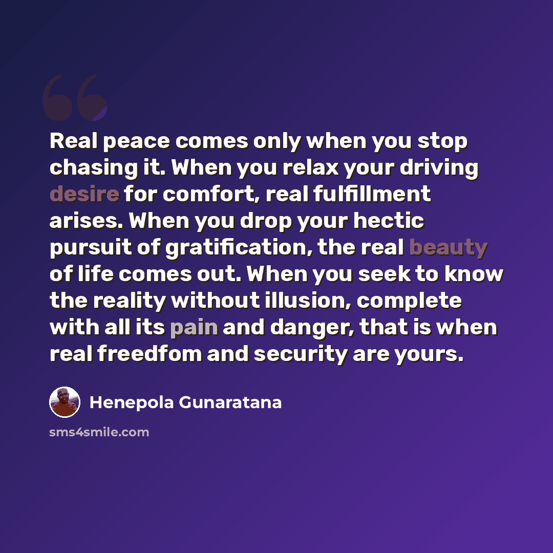 “Real peace comes only when you stop chasing it. When you relax your driving desire for comfort, real fulfillment arises. When you drop your hectic pursuit of gratification, the real beauty of life comes out. When you seek to know the reality without illusion, complete with all its pain and danger…” quote by Henepola Gunaratana