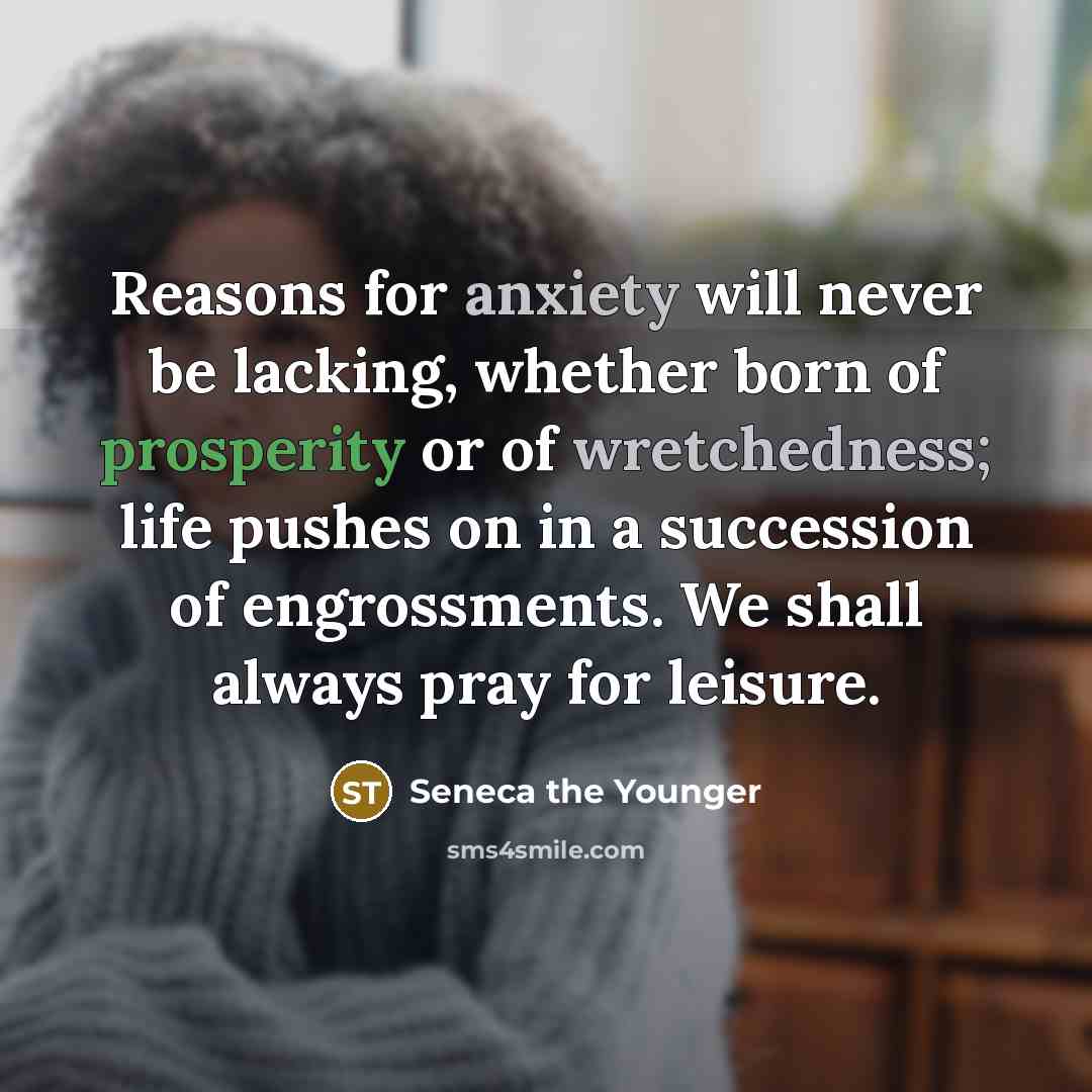 “Reasons for anxiety will never be lacking, whether born of prosperity or of wretchedness; life pushes on in a succession of engrossments. We shall always pray for leisure.” quote by Seneca the Younger