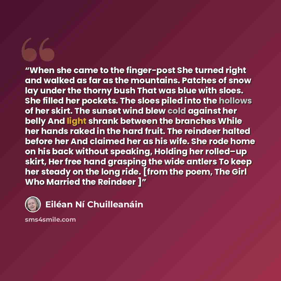 “When she came to the finger-post She turned right and walked as far as the mountains. Patches of snow lay under the thorny bush That was blue with sloes. She filled her pockets. The sloes piled into the hollows of her skirt. The sunset wind blew cold against her belly And light shrank between the…” quote by Eiléan Ní Chuilleanáin