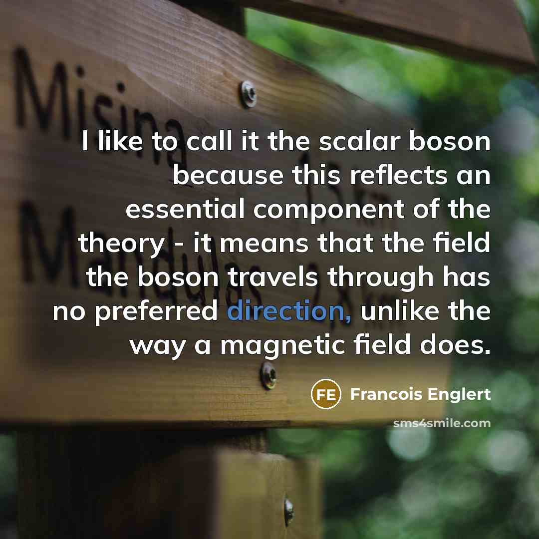 “I like to call it the scalar boson because this reflects an essential component of the theory - it means that the field the boson travels through has no preferred direction, unlike the way a magnetic field does.” quote by Francois Englert