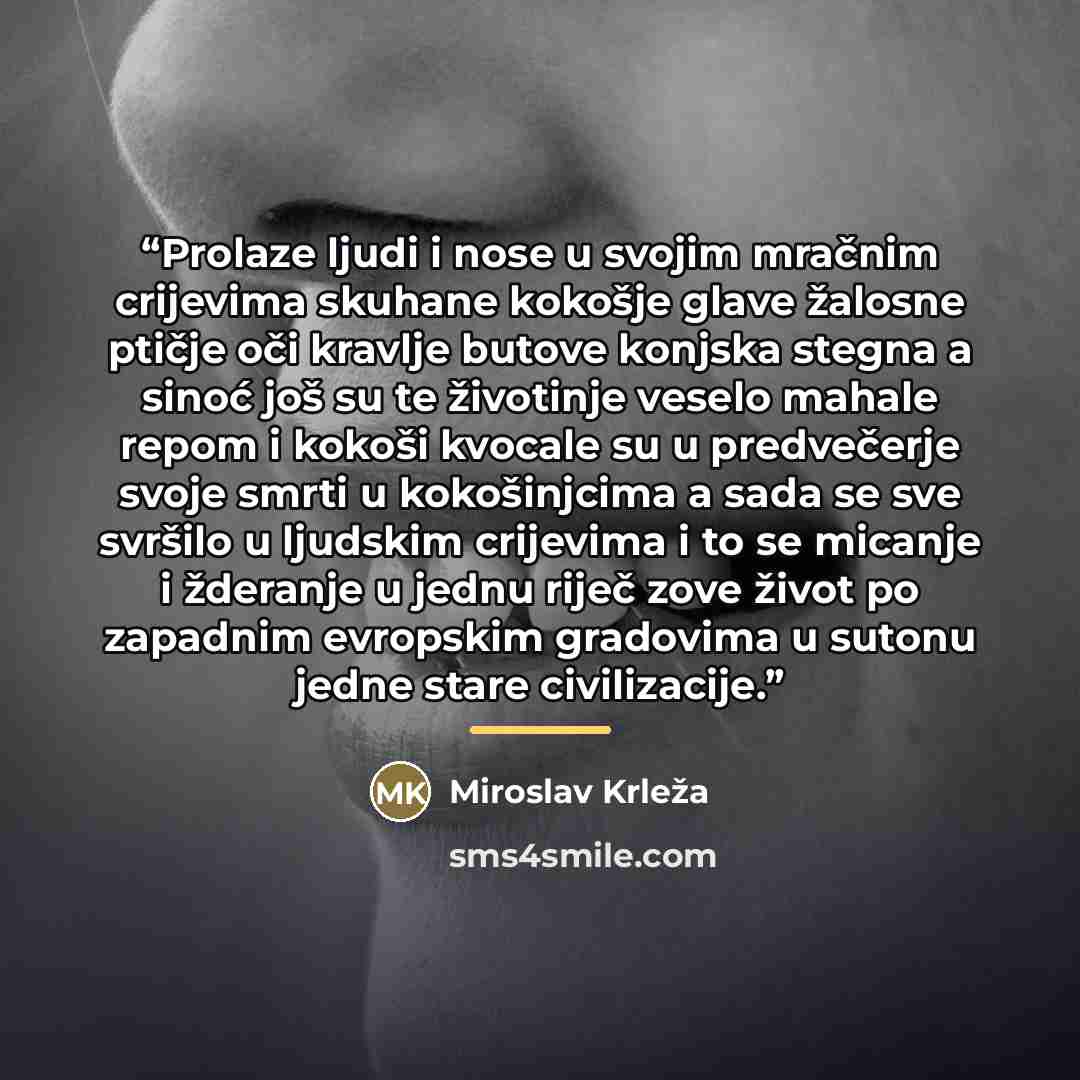 “Prolaze ljudi i nose u svojim mračnim crijevima skuhane kokošje glave žalosne ptičje oči kravlje butove konjska stegna a sinoć još su te životinje veselo mahale repom i kokoši kvocale su u predvečerje svoje smrti u kokošinjcima a sada se sve svršilo u ljudskim crijevima i to se micanje i žderanje…” quote by Miroslav Krleža