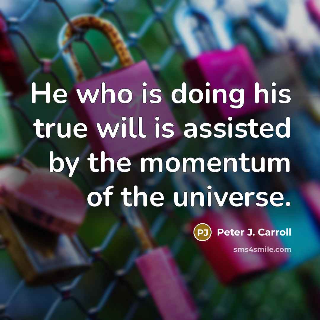 “He who is doing his true will is assisted by the momentum of the universe.” quote by Peter J. Carroll
