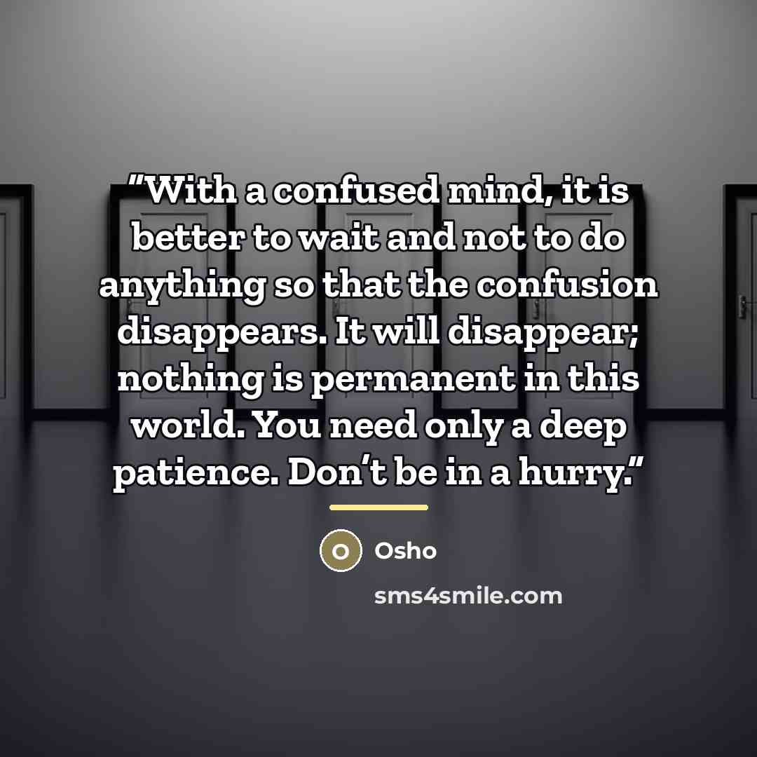 “With a confused mind, it is better to wait and not to do anything so that the confusion disappears. It will disappear; nothing is permanent in this world. You need only a deep patience. Don’t be in a hurry.” quote by Osho