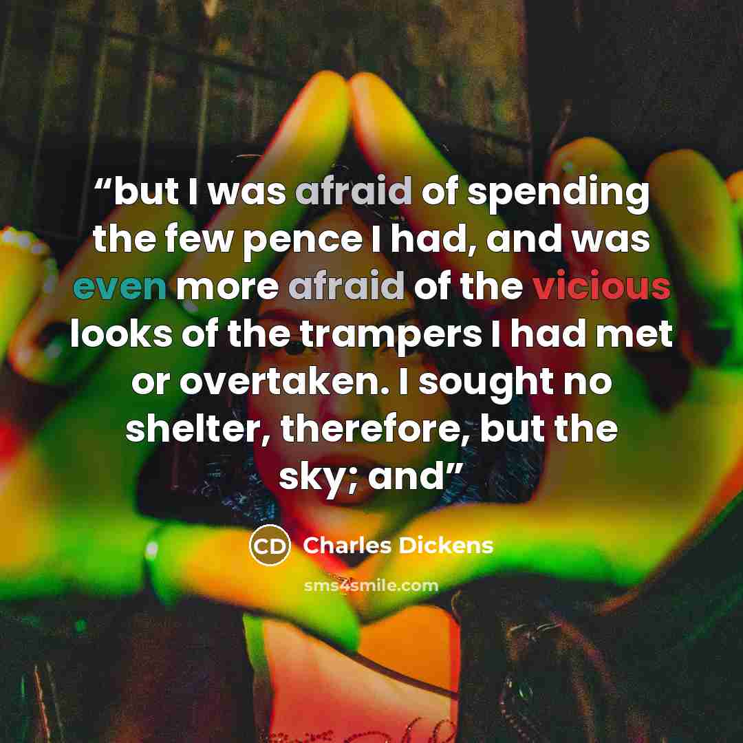“but I was afraid of spending the few pence I had, and was even more afraid of the vicious looks of the trampers I had met or overtaken. I sought no shelter, therefore, but the sky; and” quote by Charles Dickens