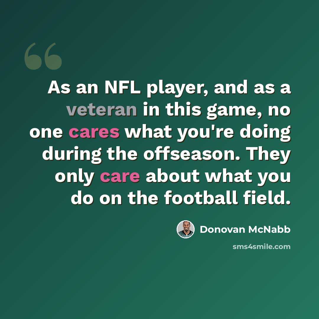 “As an NFL player, and as a veteran in this game, no one cares what you're doing during the offseason. They only care about what you do on the football field.” quote by Donovan McNabb