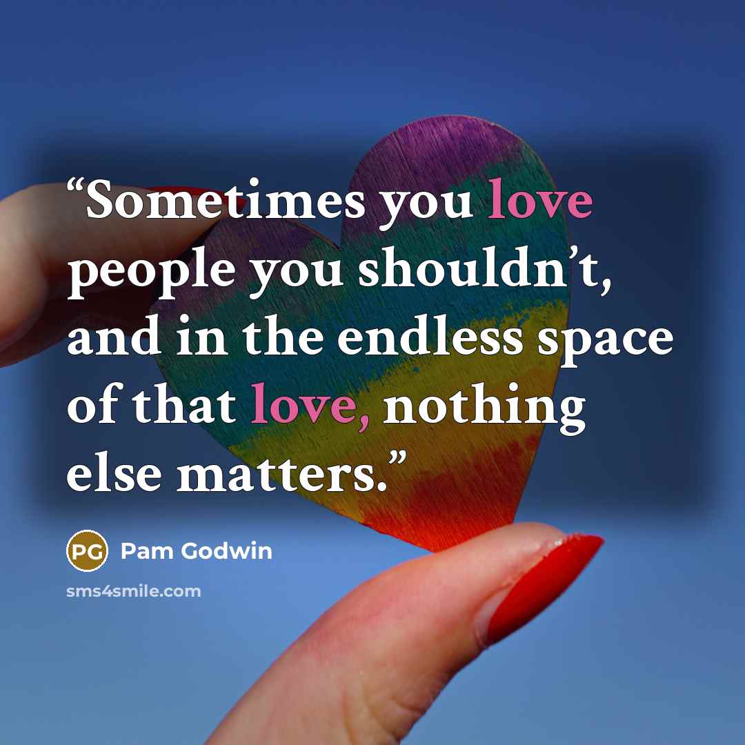“Sometimes you love people you shouldn’t, and in the endless space of that love, nothing else matters.” quote by Pam Godwin