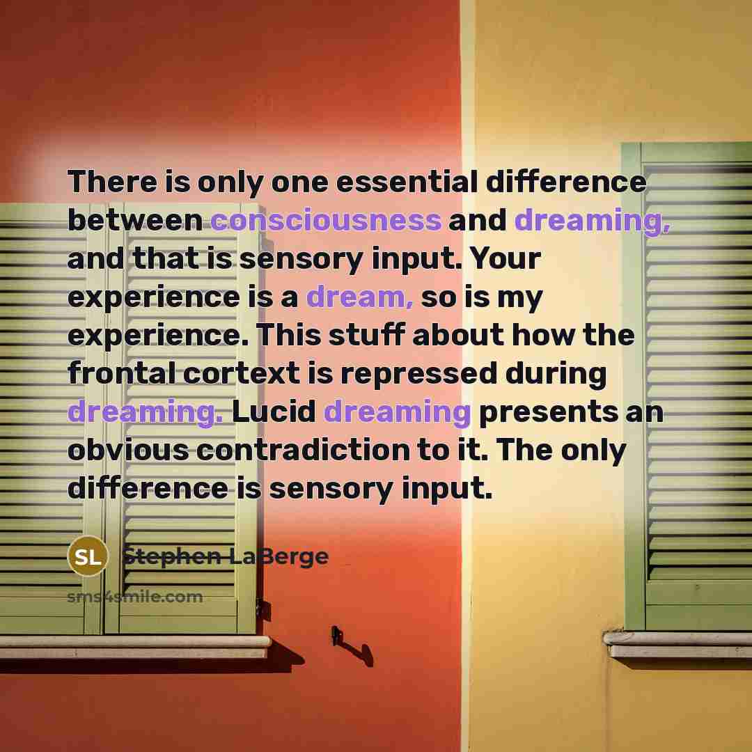 “There is only one essential difference between consciousness and dreaming, and that is sensory input. Your experience is a dream, so is my experience. This stuff about how the frontal cortext is repressed during dreaming. Lucid dreaming presents an obvious contradiction to it. The only difference…” quote by Stephen LaBerge