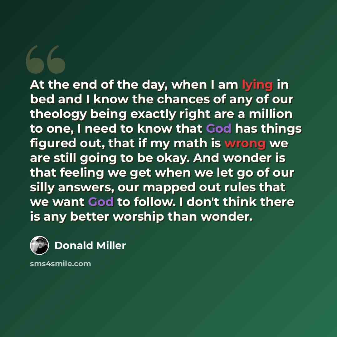 “At the end of the day, when I am lying in bed and I know the chances of any of our theology being exactly right are a million to one, I need to know that God has things figured out, that if my math is wrong we are still going to be okay. And wonder is that feeling we get when we let go of our…” quote by Donald Miller